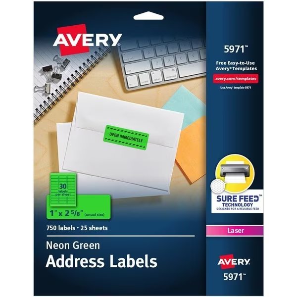 Label, Neon, Perm, 1X2.5, Green 750PK, Avery, Mfr#: AVE5971